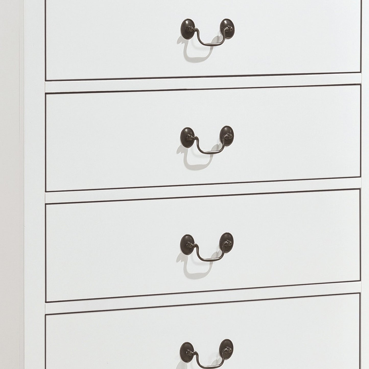 Vele 49 Inch Tall Dresser Chest, 5 Drawers, Brass Tone Metal, White Wood