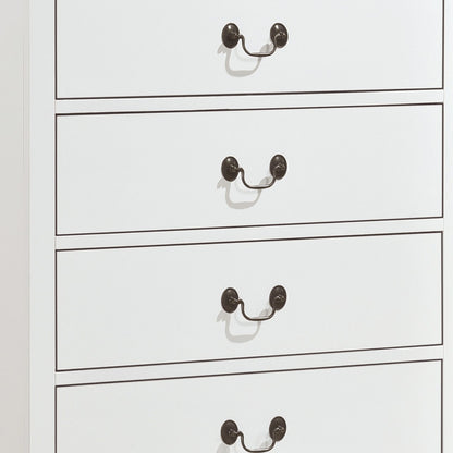 Vele 49 Inch Tall Dresser Chest, 5 Drawers, Brass Tone Metal, White Wood