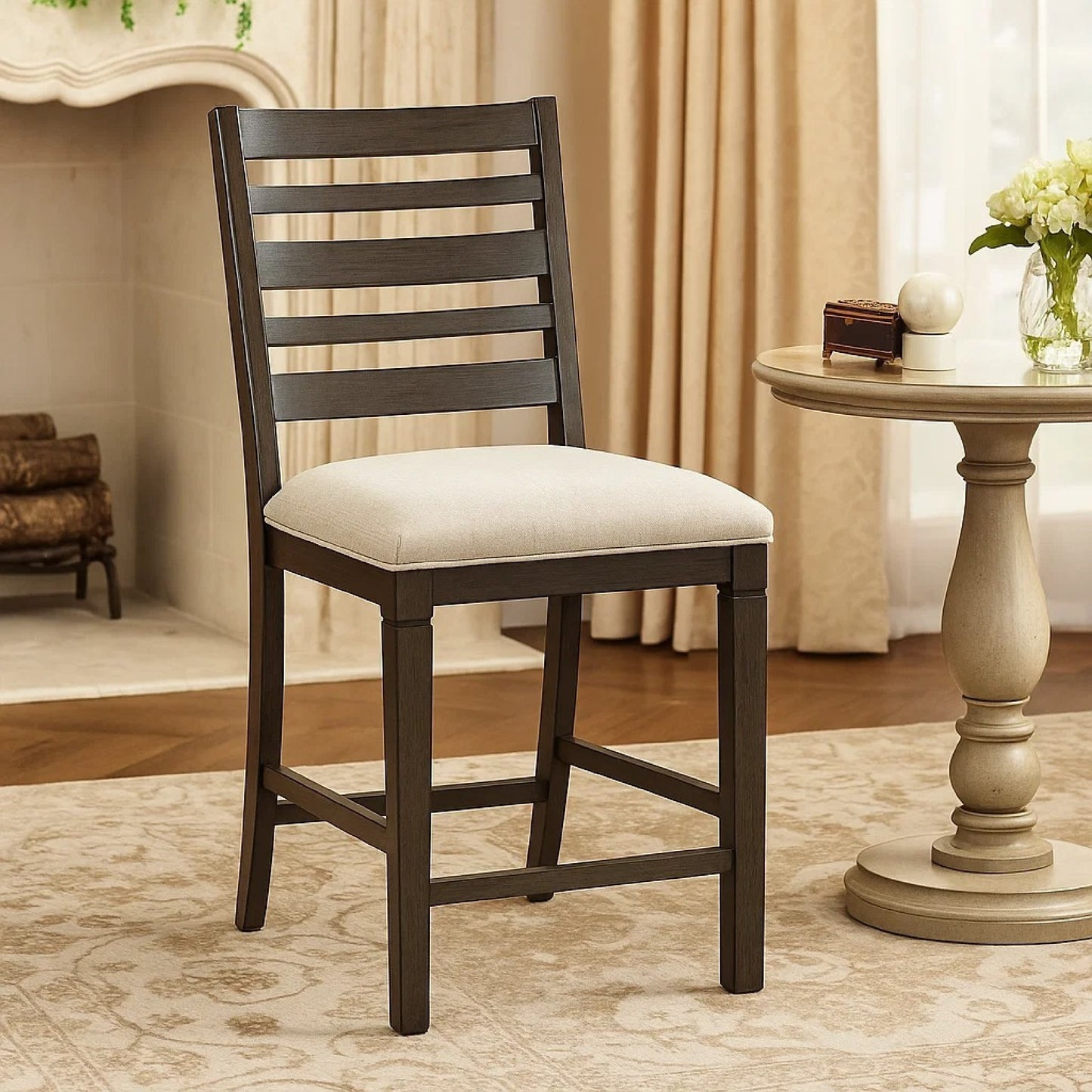 Vicy Counter Height Chair Set of 2, Beige Fabric Seat, Espresso Brown