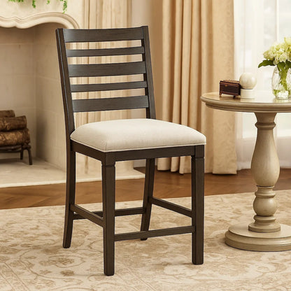 Vicy Counter Height Chair Set of 2, Beige Fabric Seat, Espresso Brown