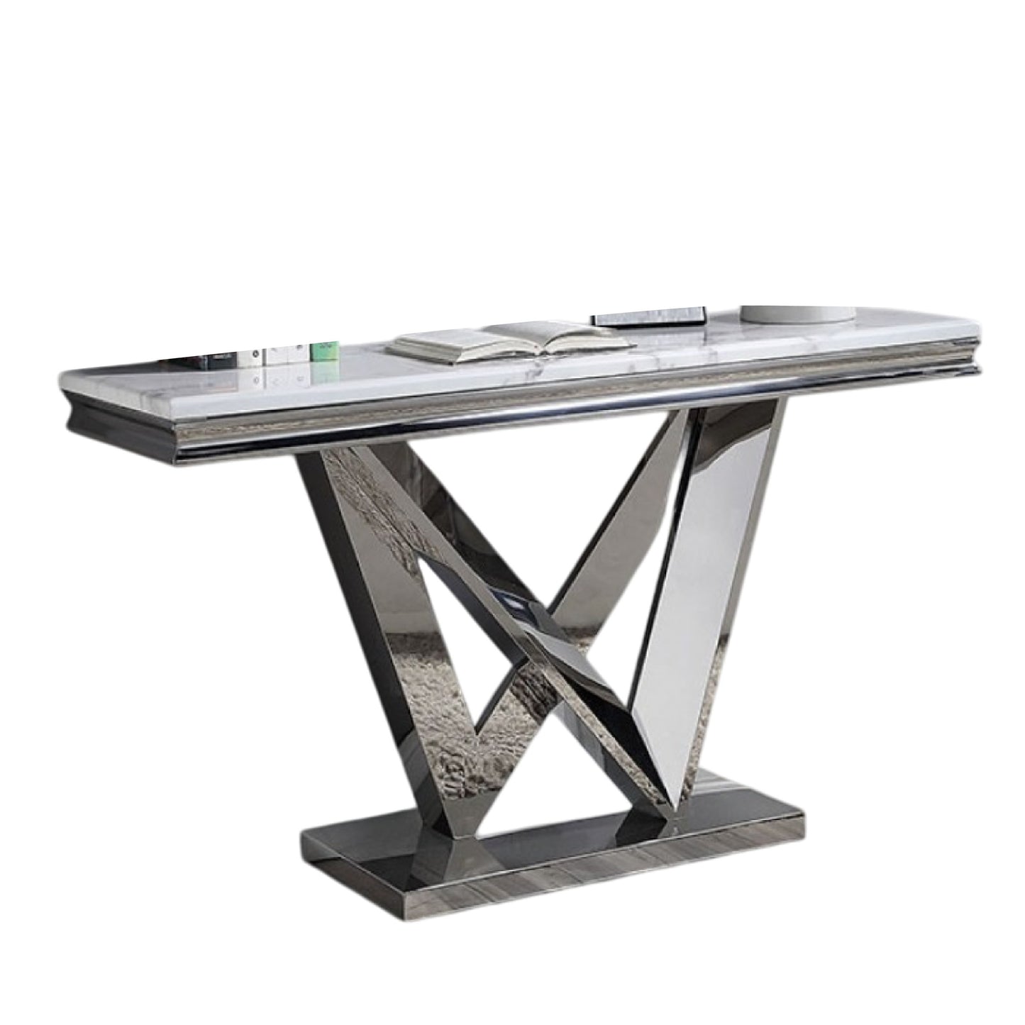 Vily Sofa Console Table, Beveled Faux Marble, Chrome Steel V-Base