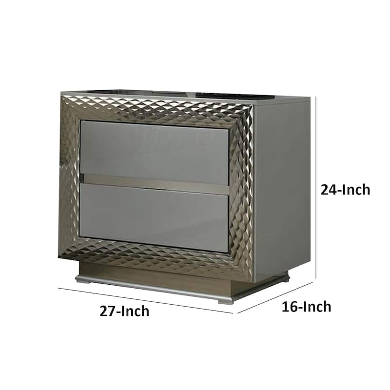 Vino 2 Drawer Nightstand, Plinth Base Gray Wood wity Silver Trim