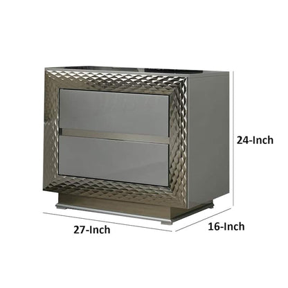 Vino 2 Drawer Nightstand, Plinth Base Gray Wood wity Silver Trim