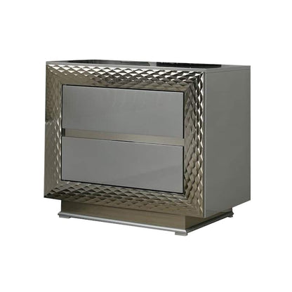 Vino 2 Drawer Nightstand, Plinth Base Gray Wood wity Silver Trim