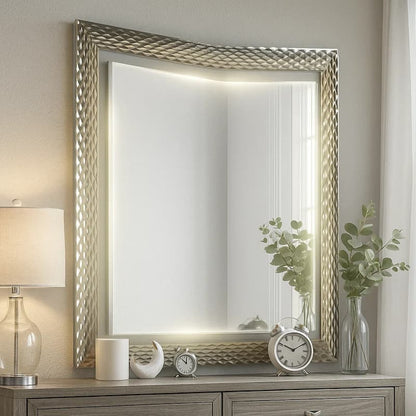 Gema Dresser Mirror, 38 Inch Light Gray Wood, Reeded Design, Silver Accents