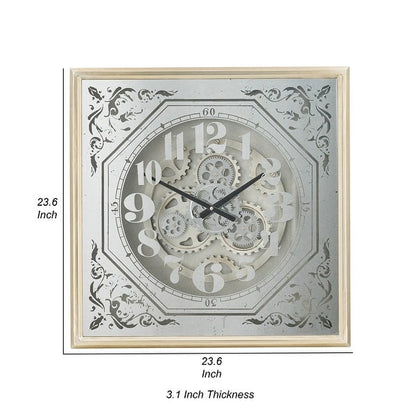 Viry 24 Inch Square Wall Clock, Analog Gear Design, Black White Iron Finish