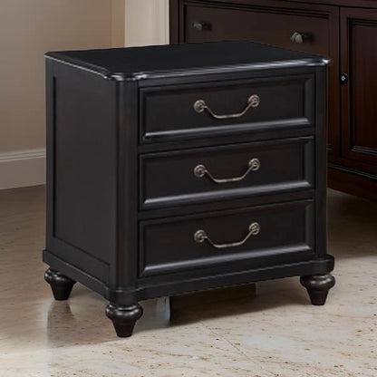 Vix 27 Inch Nightstand, 3 Drawers, Molded Design Pewter Drop Handles, Black