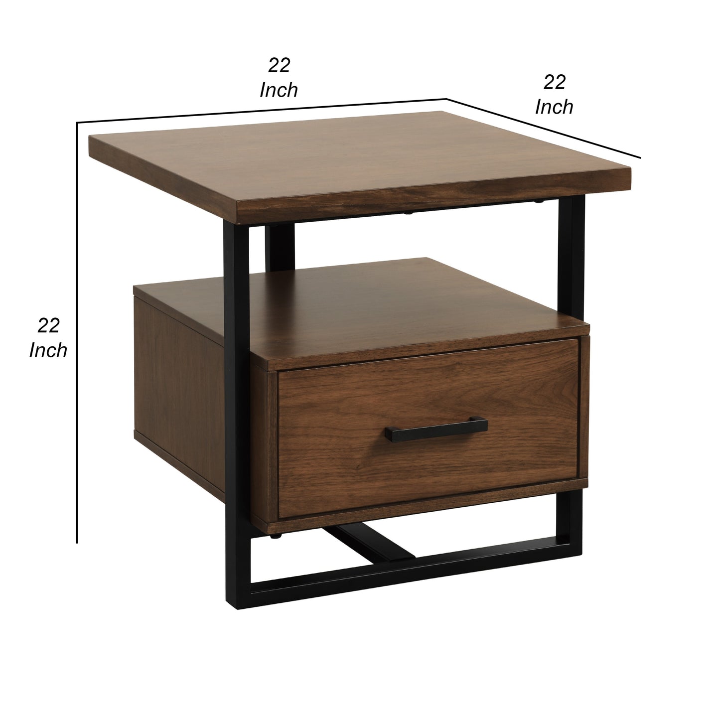 Voz Side End Table, Drawer and Open Shelf, Walnut Brown, Black 22 Inch