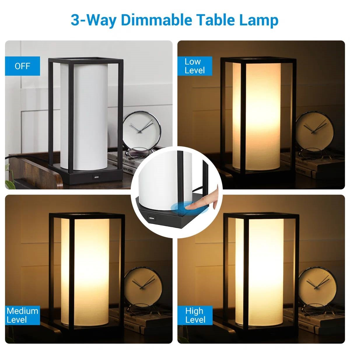 Set of 2 - Japanese Style USB Table Lamp with White Linen Shade and LED Bulbs