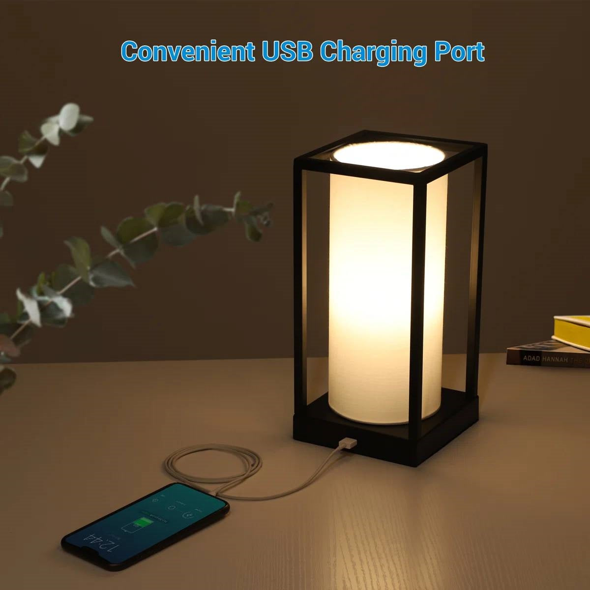 Set of 2 - Japanese Style USB Table Lamp with White Linen Shade and LED Bulbs