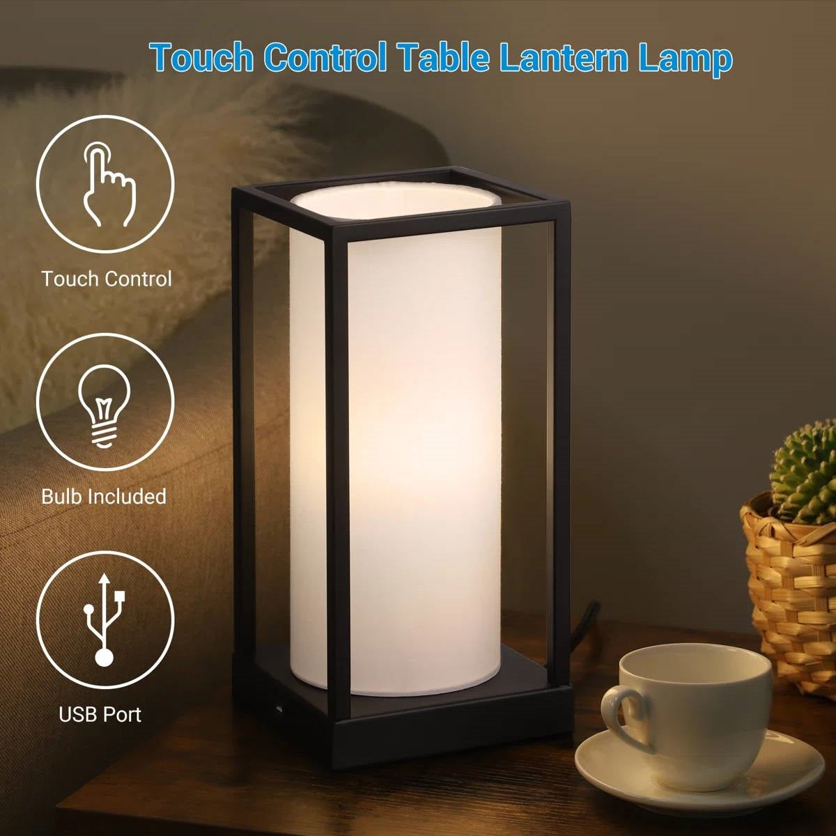 Set of 2 - Japanese Style USB Table Lamp with White Linen Shade and LED Bulbs