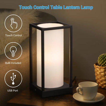 Set of 2 - Japanese Style USB Table Lamp with White Linen Shade and LED Bulbs