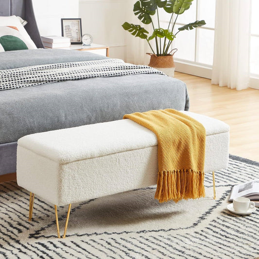 White Sherpa Fabric Upholstered End of Bed Storage Bench with Gold Finish Legs — Chic Home-Decor