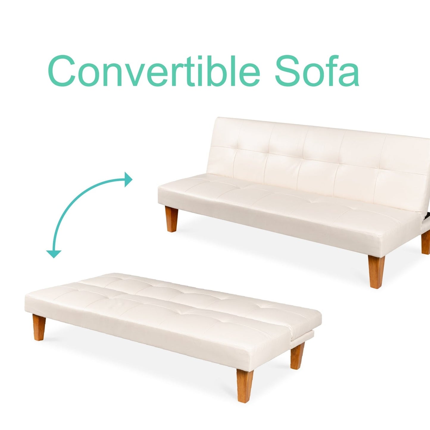 Convertible Faux Leather Tufted Lounge Futon Sofa Bed Adjustable Back in White