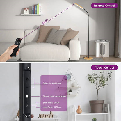 68-inch LED Dimmable Floor Lamp Reading Light with Remote and Woodgrain Accents