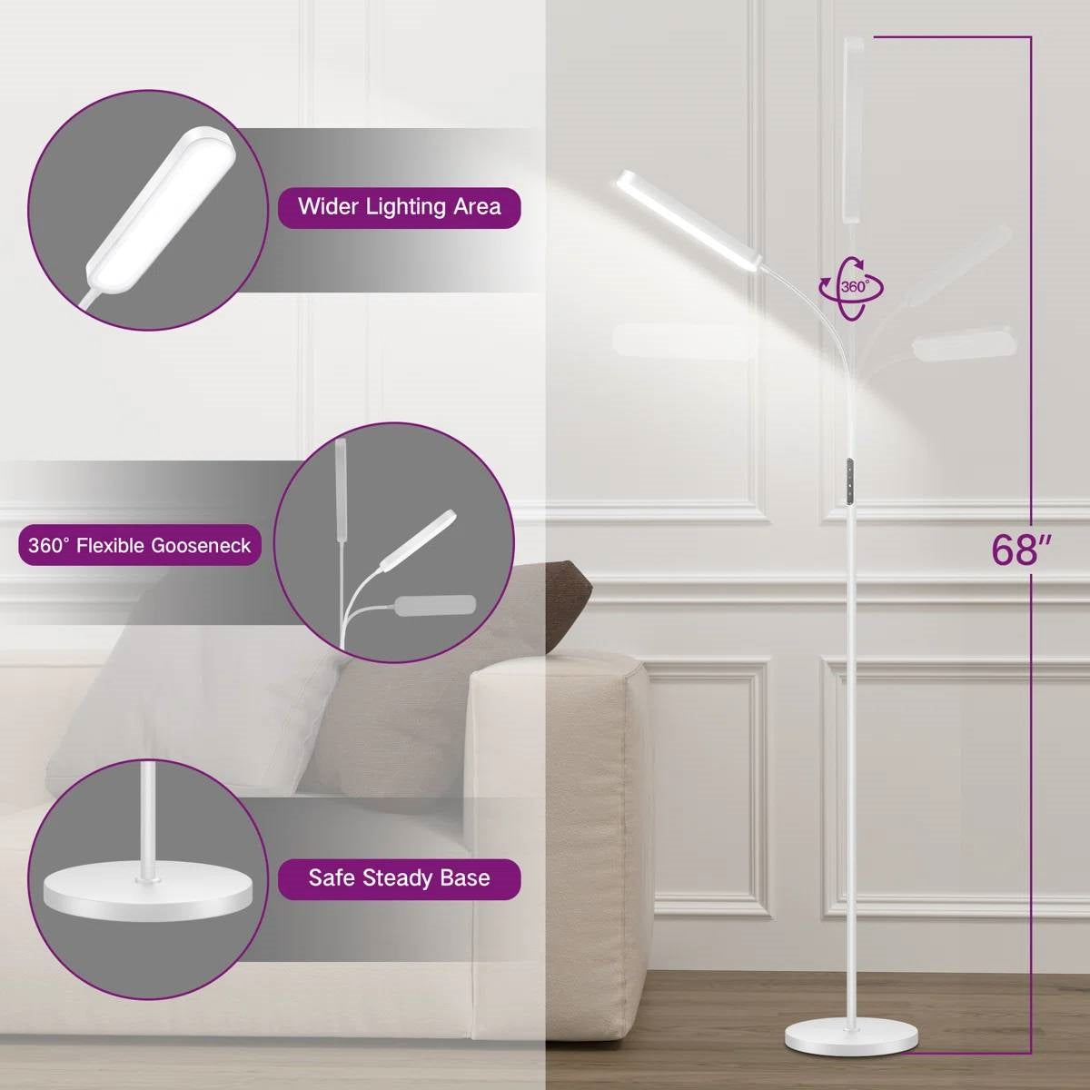 White 68-inch LED Dimmable Gooseneck Floor Lamp Reading Light with Remote