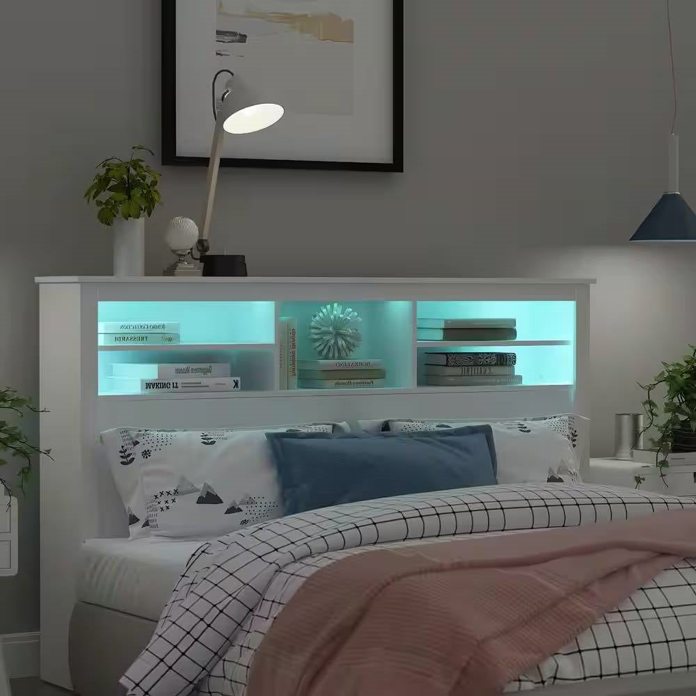 Full / Queen Modern Bookcase Headboard with LED Lights in White Wood Finish — Chic Home-Decor