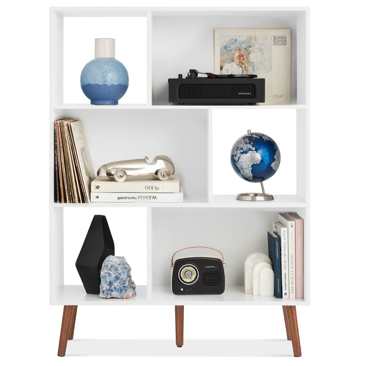Mid Century Modern Style Bookcase Storage Shelving Unit in White Wood Finish — Chic Home-Decor