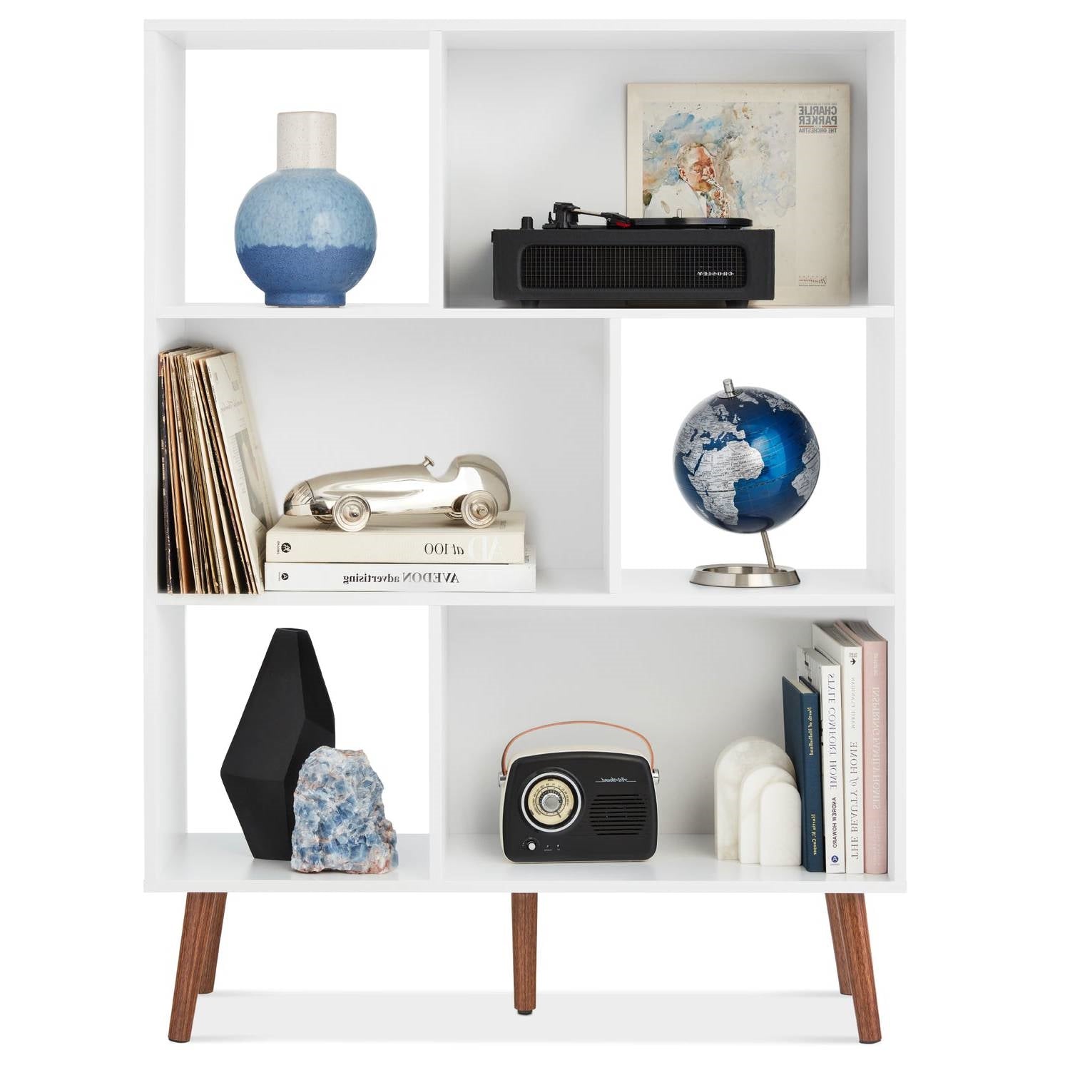 Mid Century Modern Style Bookcase Storage Shelving Unit in White Wood Finish — Chic Home-Decor