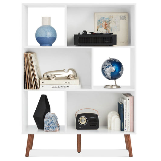 Mid Century Modern Style Bookcase Storage Shelving Unit in White Wood Finish — Chic Home-Decor
