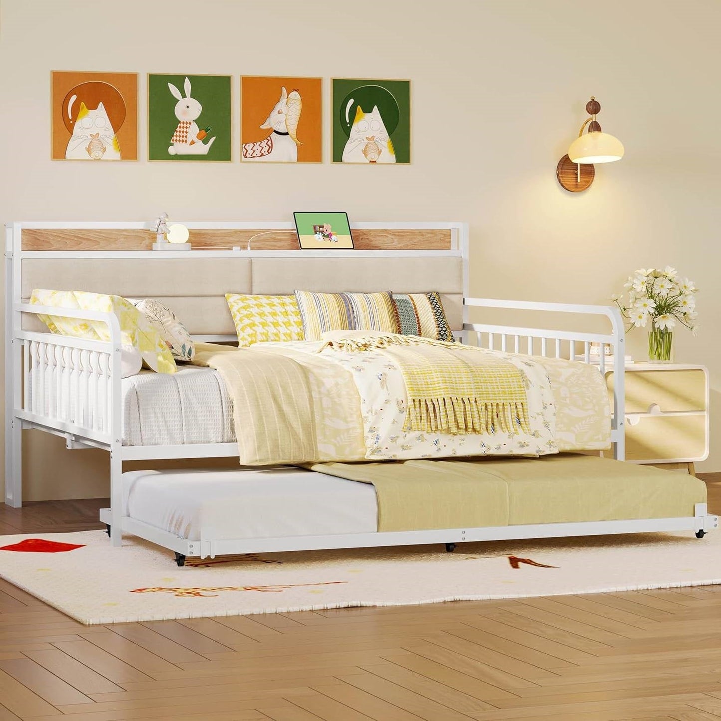 Full size White Metal Daybed with Upholstered Headboard and Twin Trundle