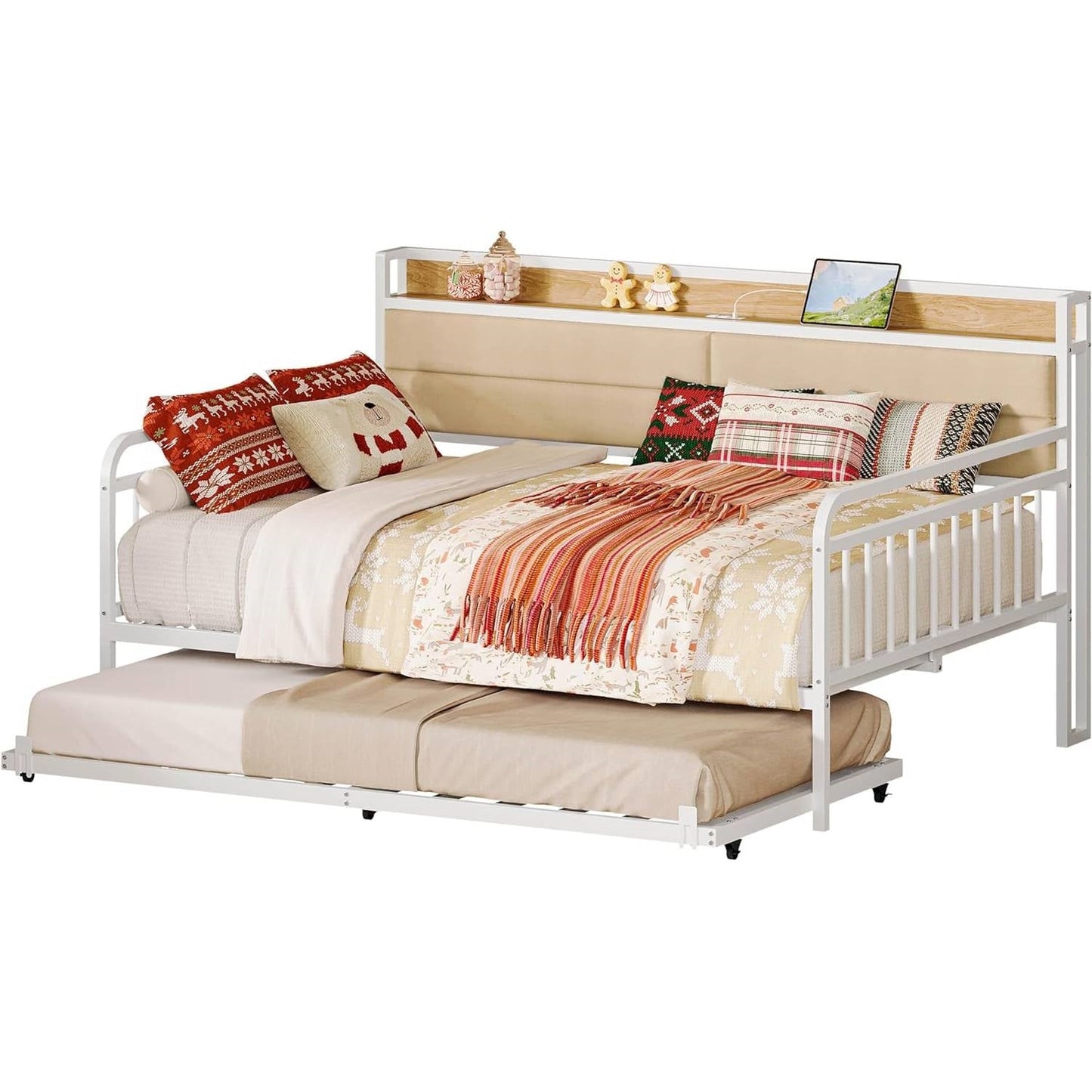 Full size White Metal Daybed with Upholstered Headboard and Twin Trundle