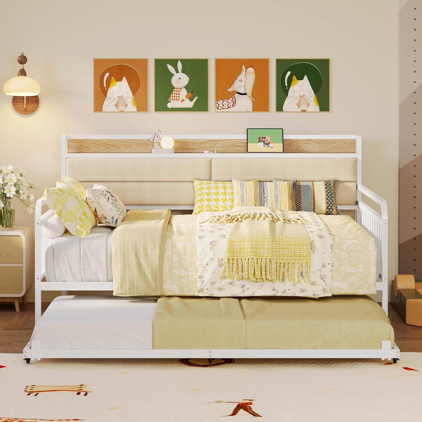 Full size White Metal Daybed with Upholstered Headboard and Twin Trundle