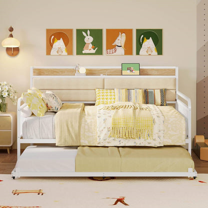 Full size White Metal Daybed with Upholstered Headboard and Twin Trundle