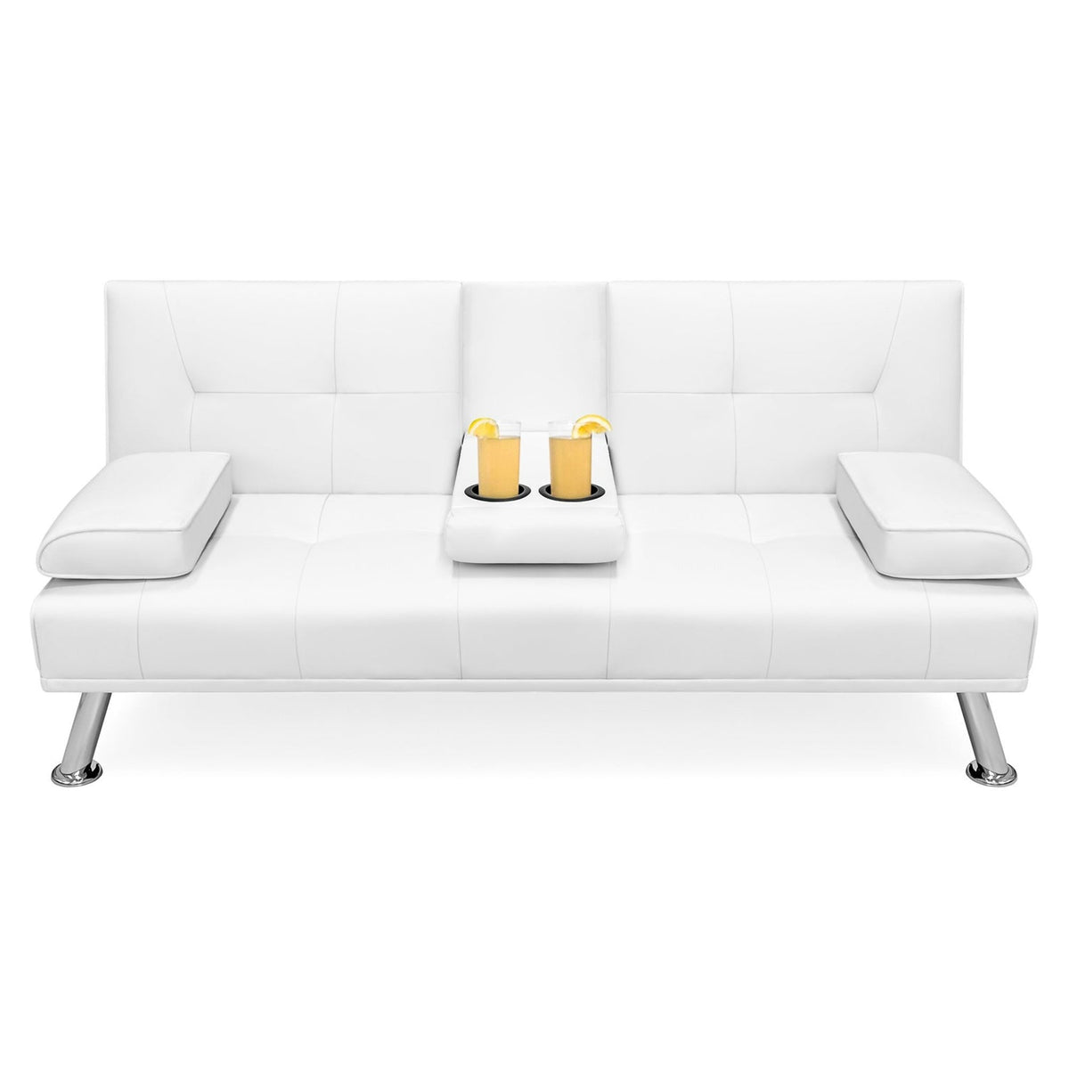 Faux Leather Convertible Sofa Futon with 2 Cup Holders – White