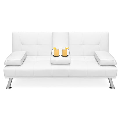 Faux Leather Convertible Sofa Futon with 2 Cup Holders – White