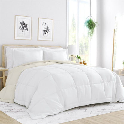 3-Piece Microfiber Reversible Comforter Set and Cream – White