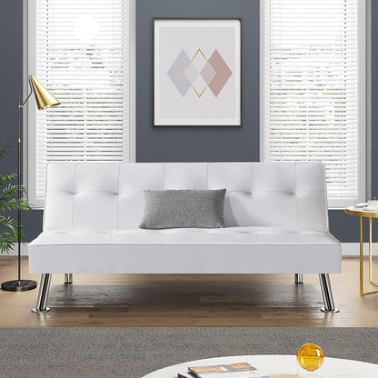 White Faux Leather Click Clack Adjustable Futon Sleeper Sofa