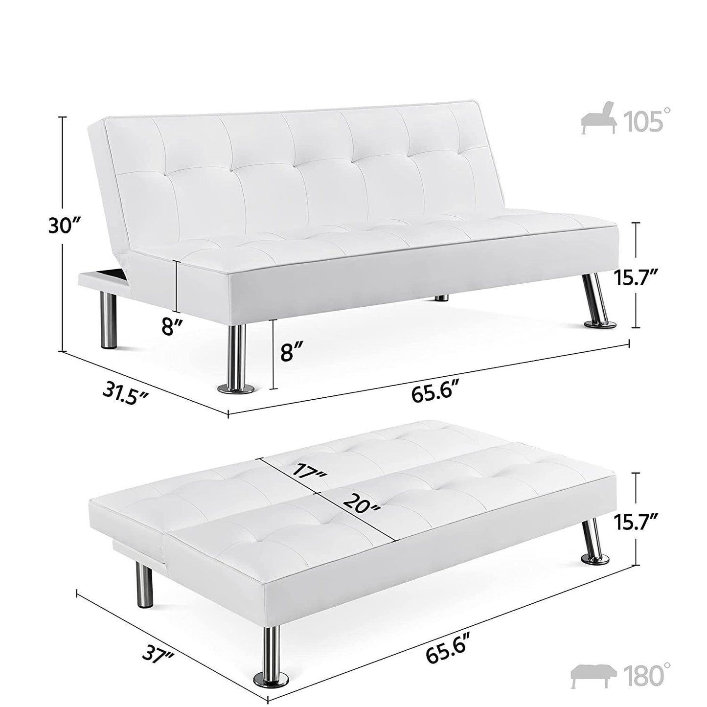 White Faux Leather Click Clack Adjustable Futon Sleeper Sofa