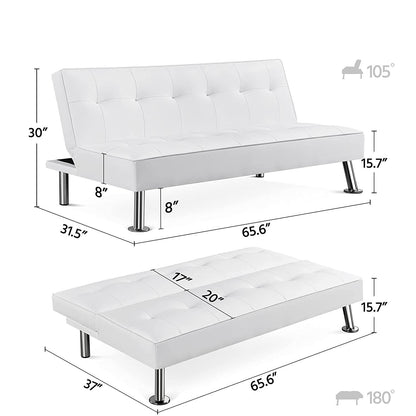 White Faux Leather Click Clack Adjustable Futon Sleeper Sofa