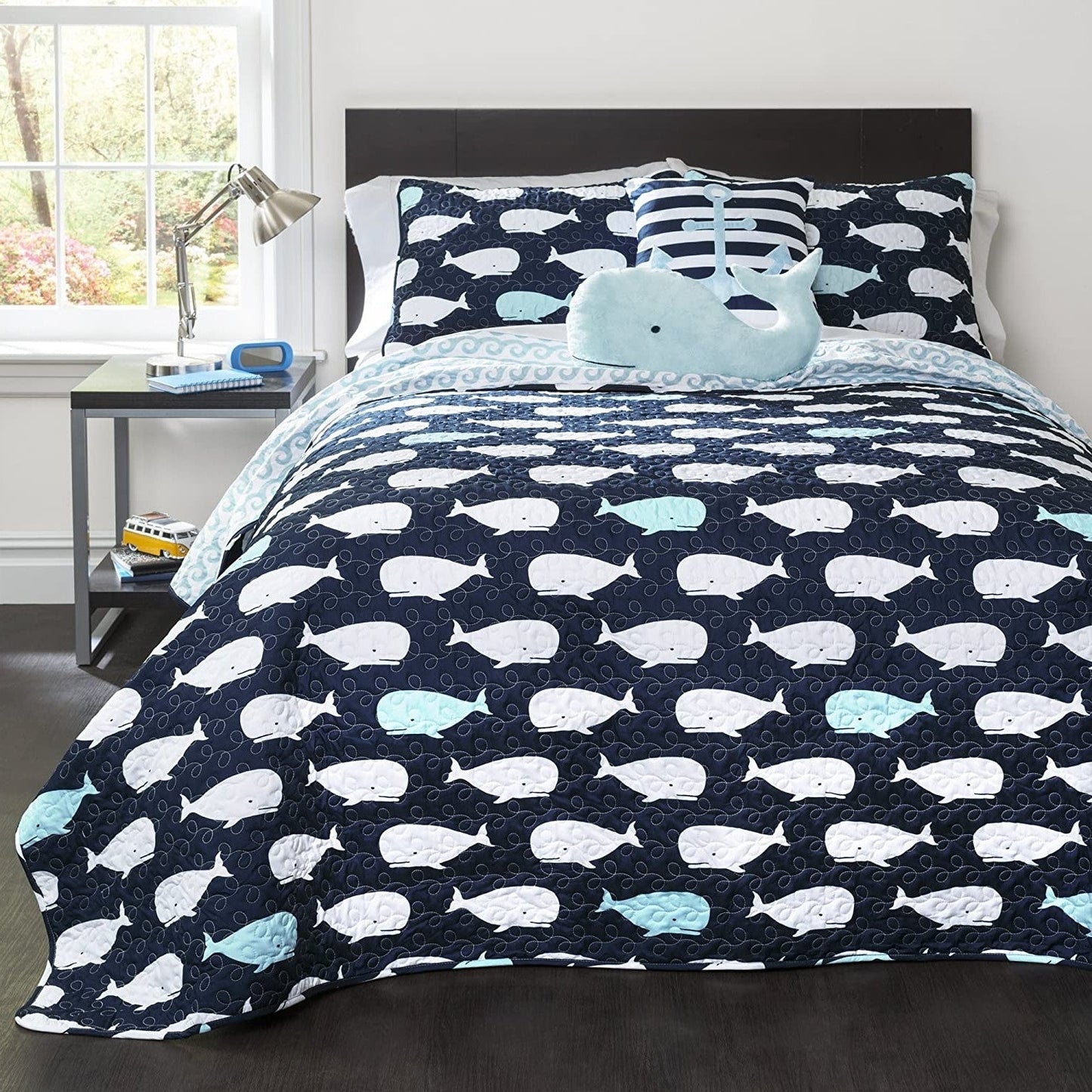 Full/Queen 5 Piece Bed In A Bag Navy Teal Microfiber Waves Whales Quilt Set — Chic Home-Decor