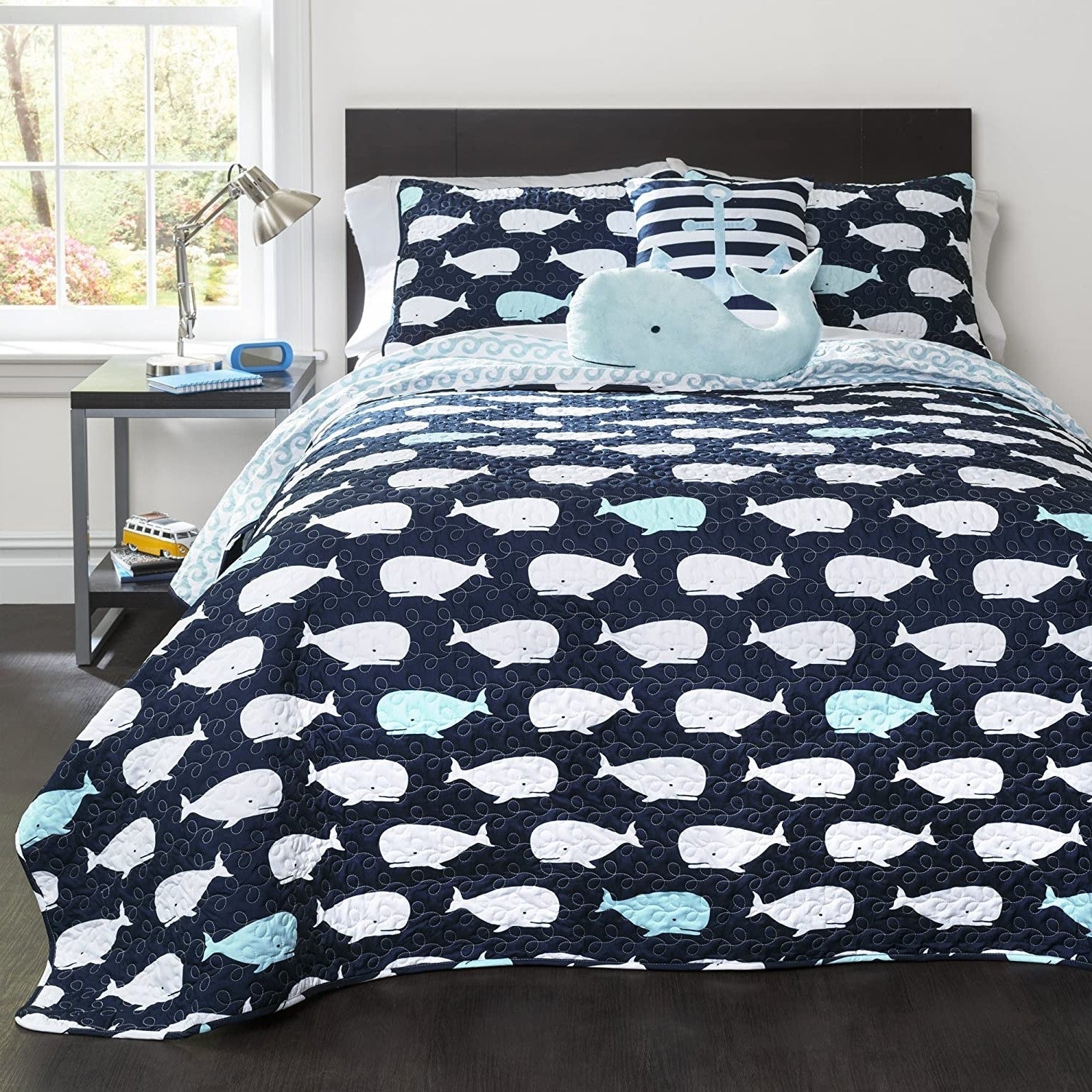 Full/Queen 5 Piece Bed In A Bag Navy Teal Microfiber Waves Whales Quilt Set — Chic Home-Decor