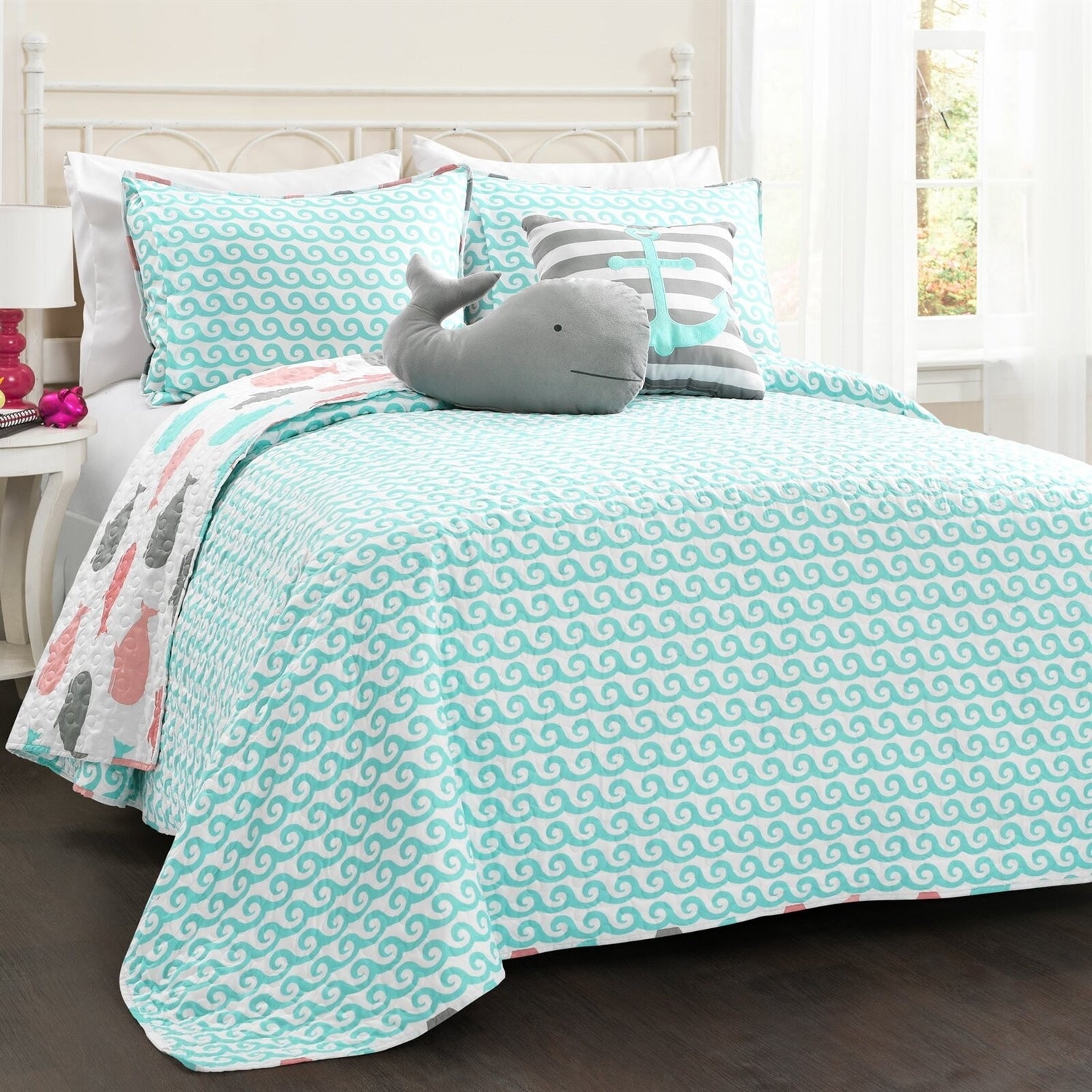 Full/Queen 5 Piece Microfiber Quilt Set in Teal Pink Aqua Waves Whale Pattern — Chic Home-Decor