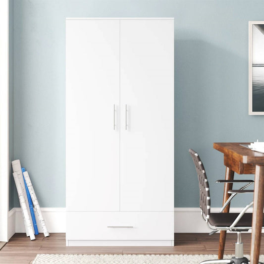 Modern Armoire Wardrobe Closet Cabinet with Storage Drawer in White Wood Finish — Chic Home-Decor