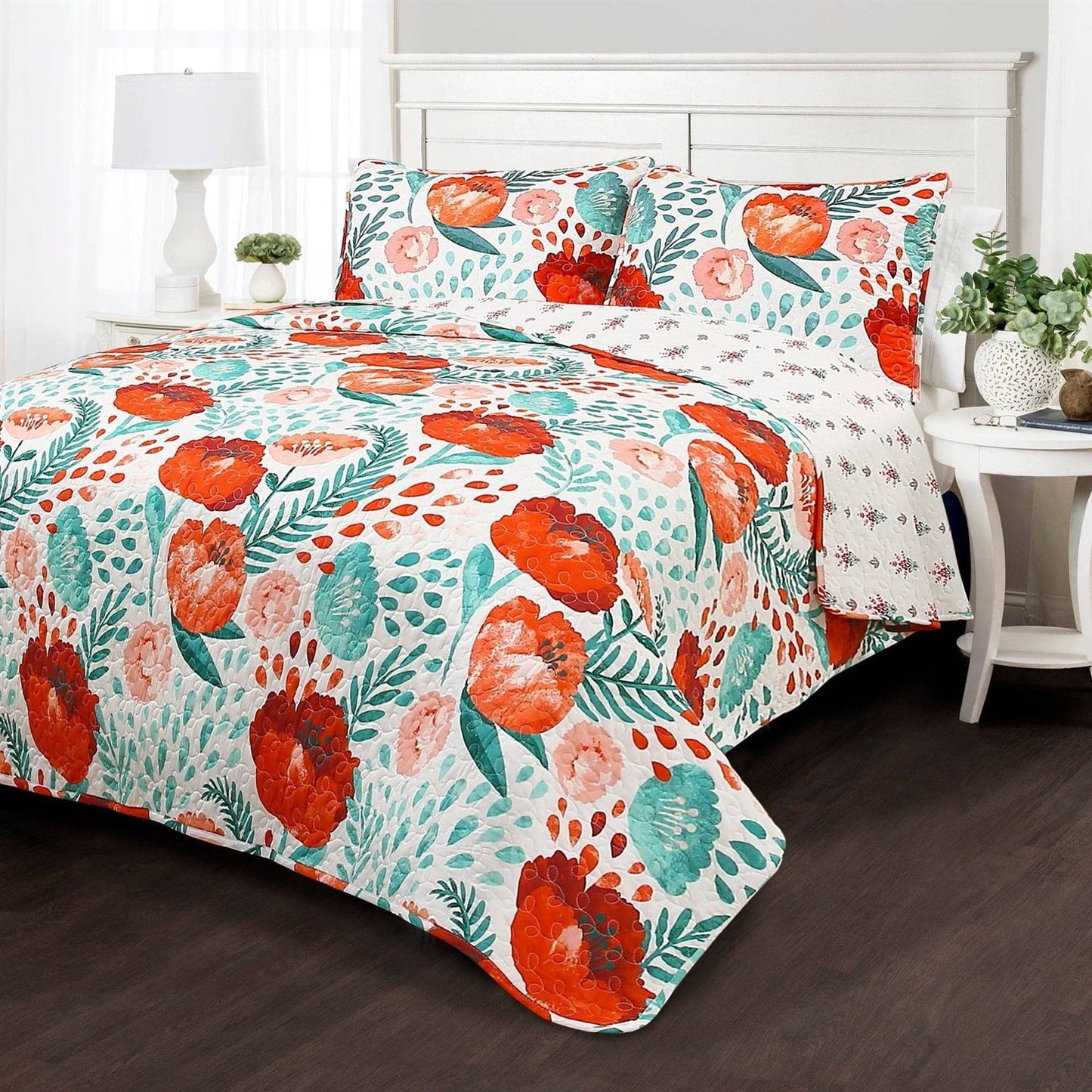 Full/Queen Red Poppy Flower White Teal Lightweight 3 Piece Cotton Quilt Set — Chic Home-Decor