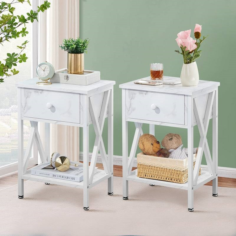 Set of 2 - Rustic Farmhouse 1-Drawer Nightstand Bedside Table in White — Chic Home-Decor