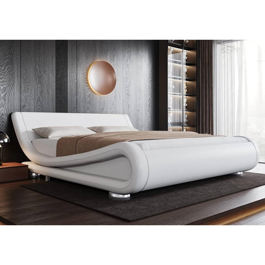 King modern white upholstered platform bed frame with sleigh curved headboard