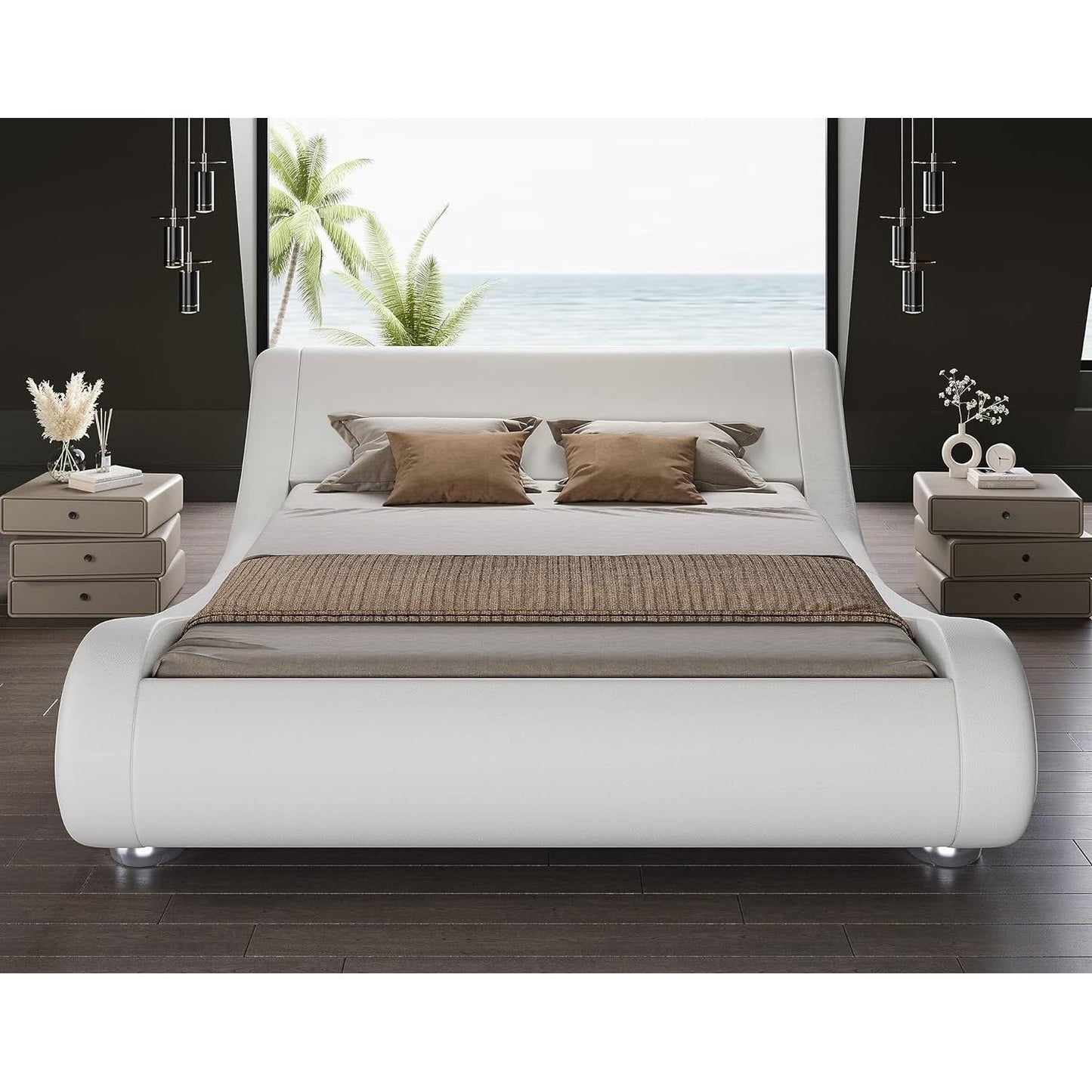 King white upholstered platform bed frame with sleigh curved headboard by FastFurnishings