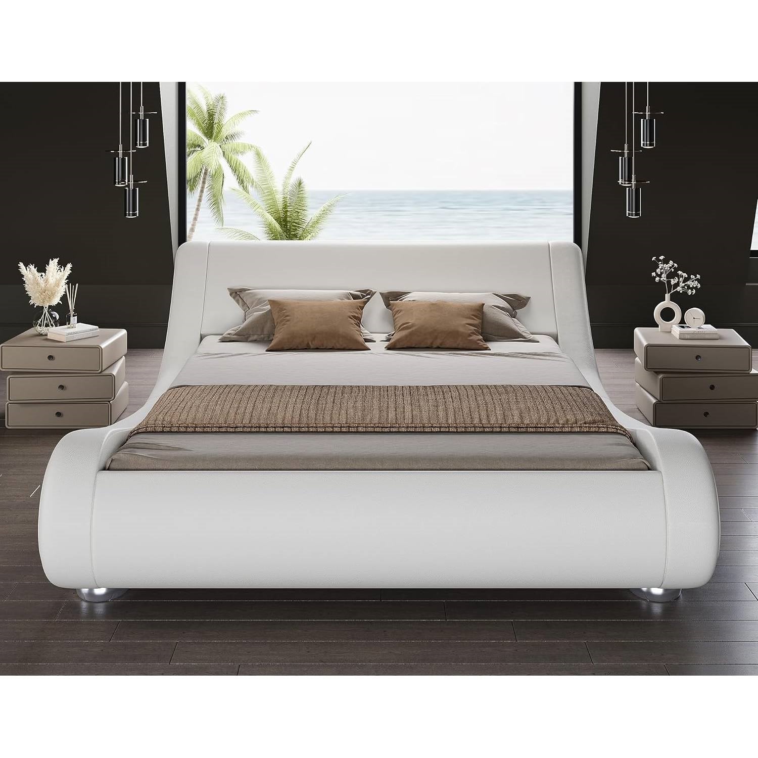 King white upholstered platform bed frame with sleigh curved headboard by FastFurnishings