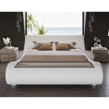 King white upholstered platform bed frame with sleigh curved headboard by FastFurnishings