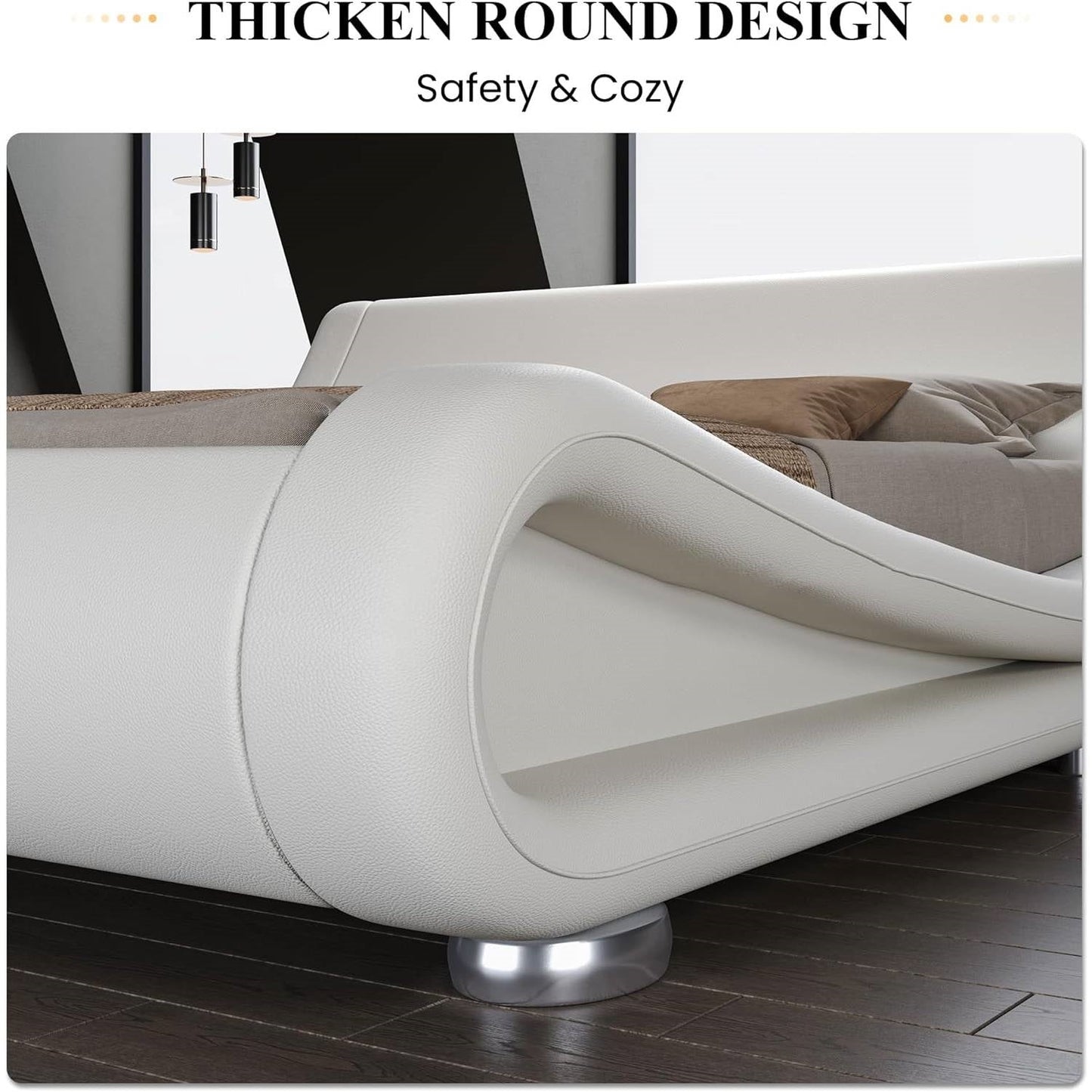 King size white upholstered platform bed frame with sleigh curved headboard