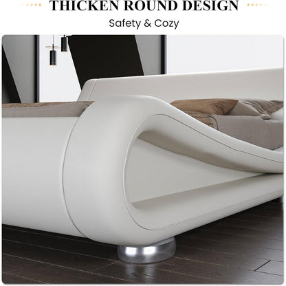 King size white upholstered platform bed frame with sleigh curved headboard
