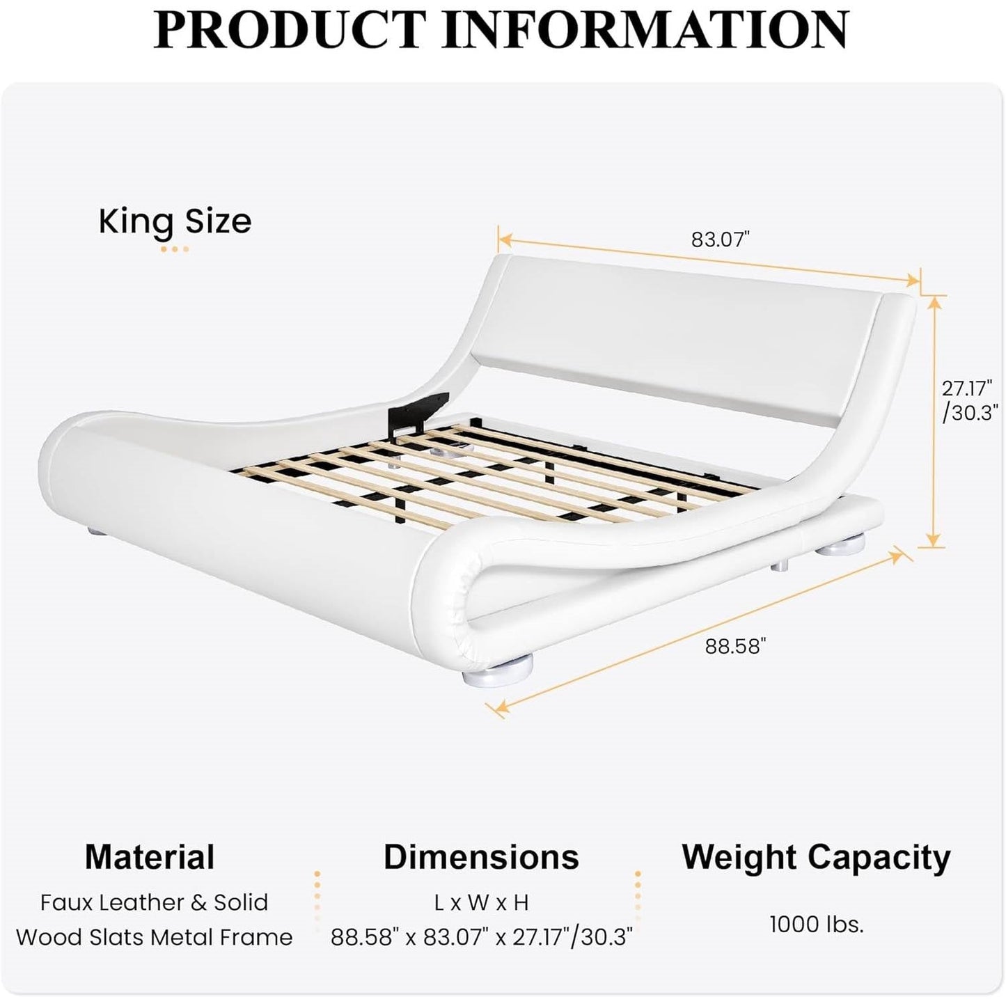 King size white upholstered platform bed frame with curved sleigh headboard