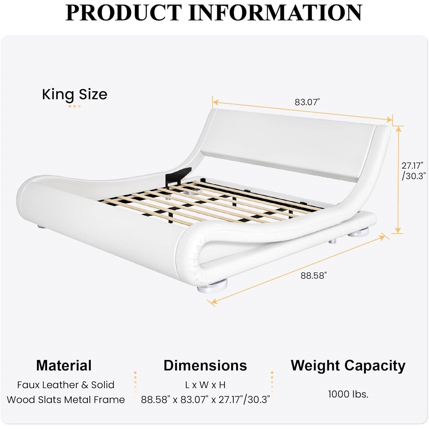 King size white upholstered platform bed frame with curved sleigh headboard