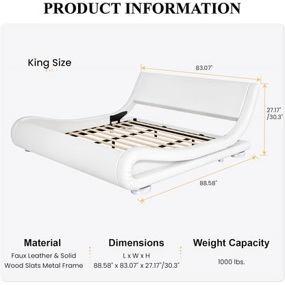 King size white upholstered platform bed frame with curved sleigh headboard