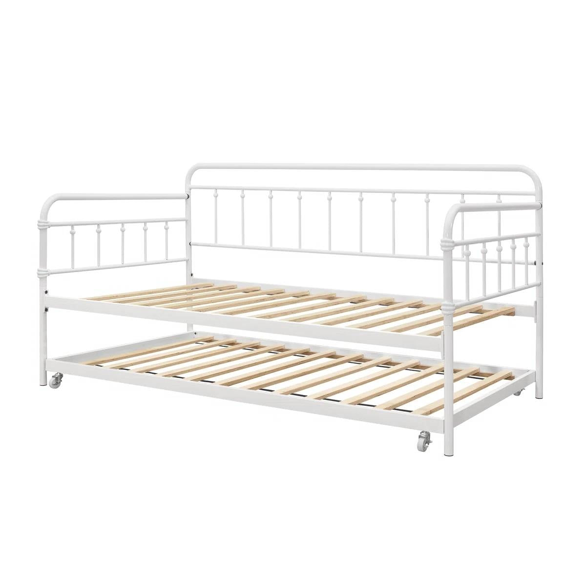 Twin size Traditional White Rounded Iron Daybed with Roll Out Trundle Bed Frame